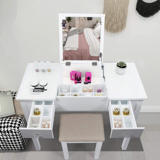 Dressing Table: White Vanity Desk with Flip Top Mirror