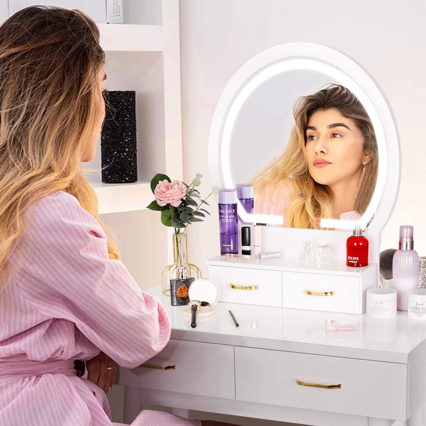 Dressing Table: White Vanity Desk with Lighted Mirror