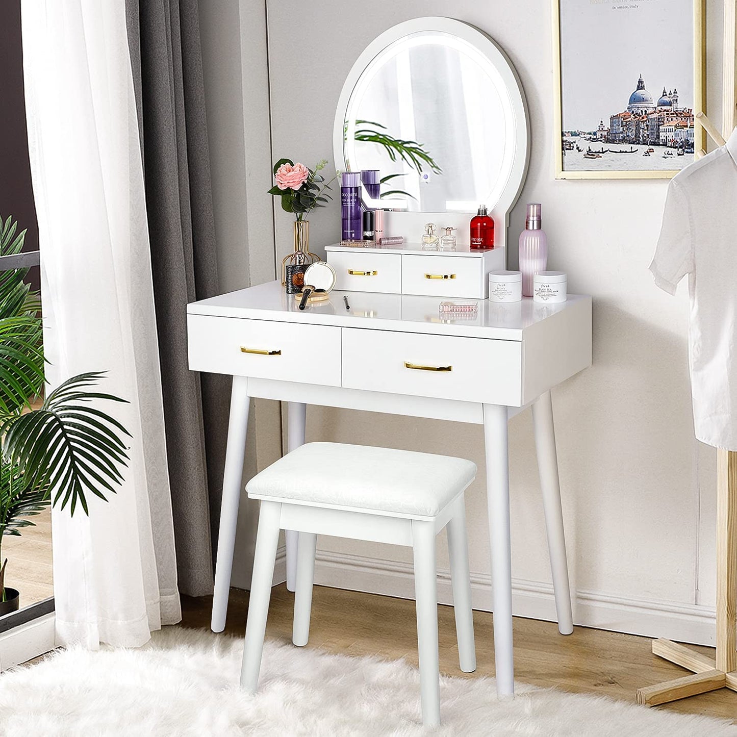 Dressing Table: White Vanity Desk with Lighted Mirror