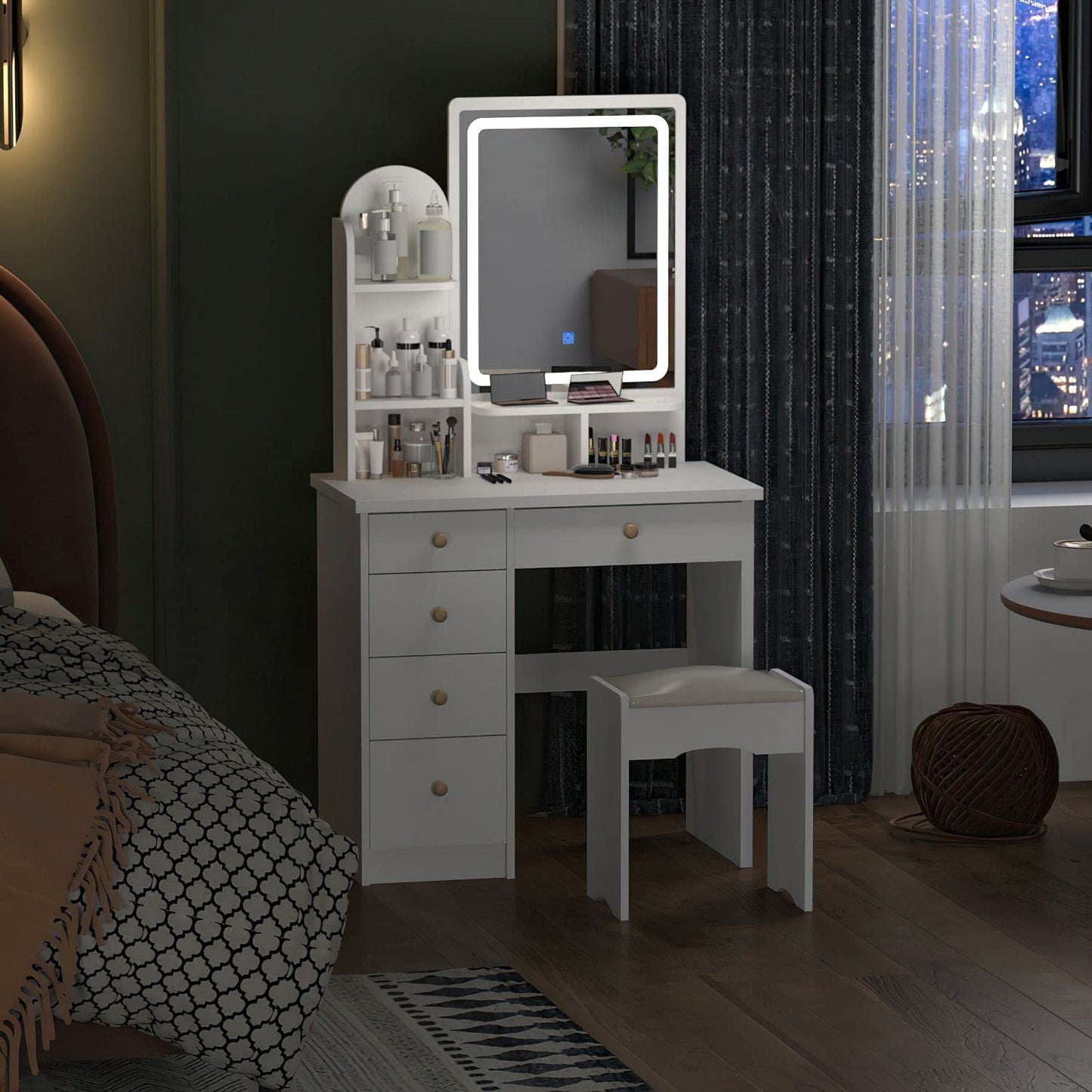 Dressing Table Wood Makeup Dressing Table with Cushioned Stool White