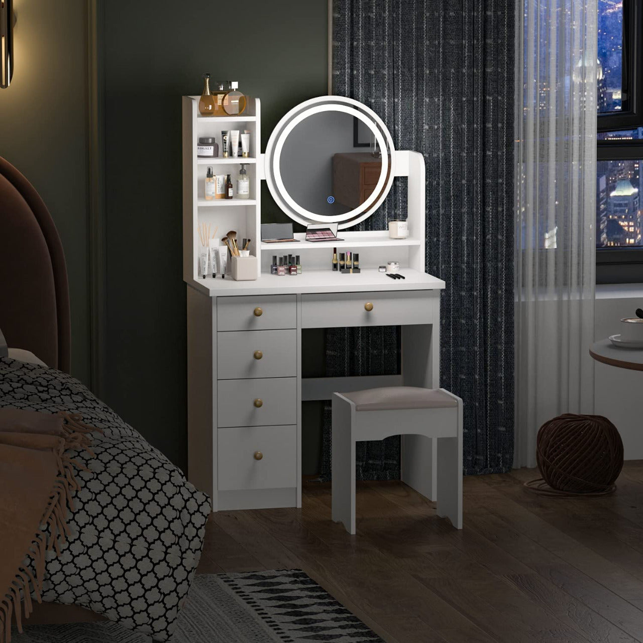 Dressing Table Wood Makeup Dressing Table with Shelves & Cushioned Stool, for Bedroom (White)