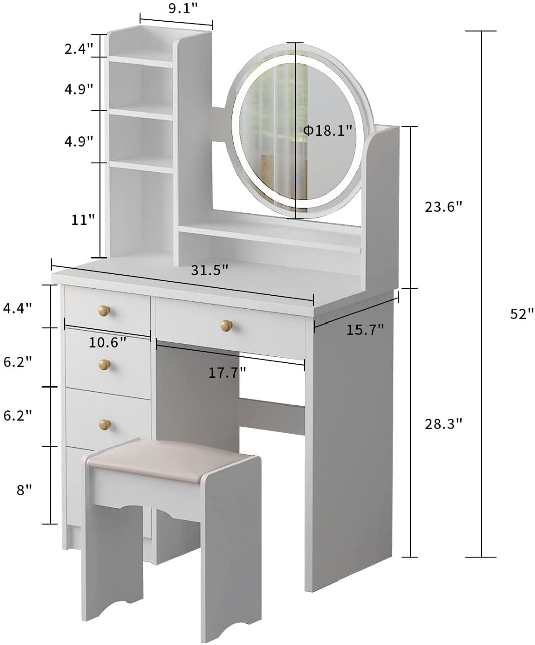 Dressing Table Wood Makeup Dressing Table with Shelves & Cushioned Stool, for Bedroom (White)