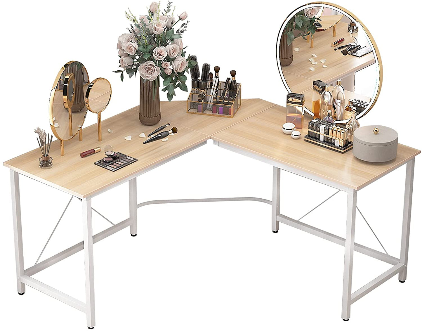 Dressing Tables Bedroom Vanity, 59 x 59 inches, Maple and White Legs