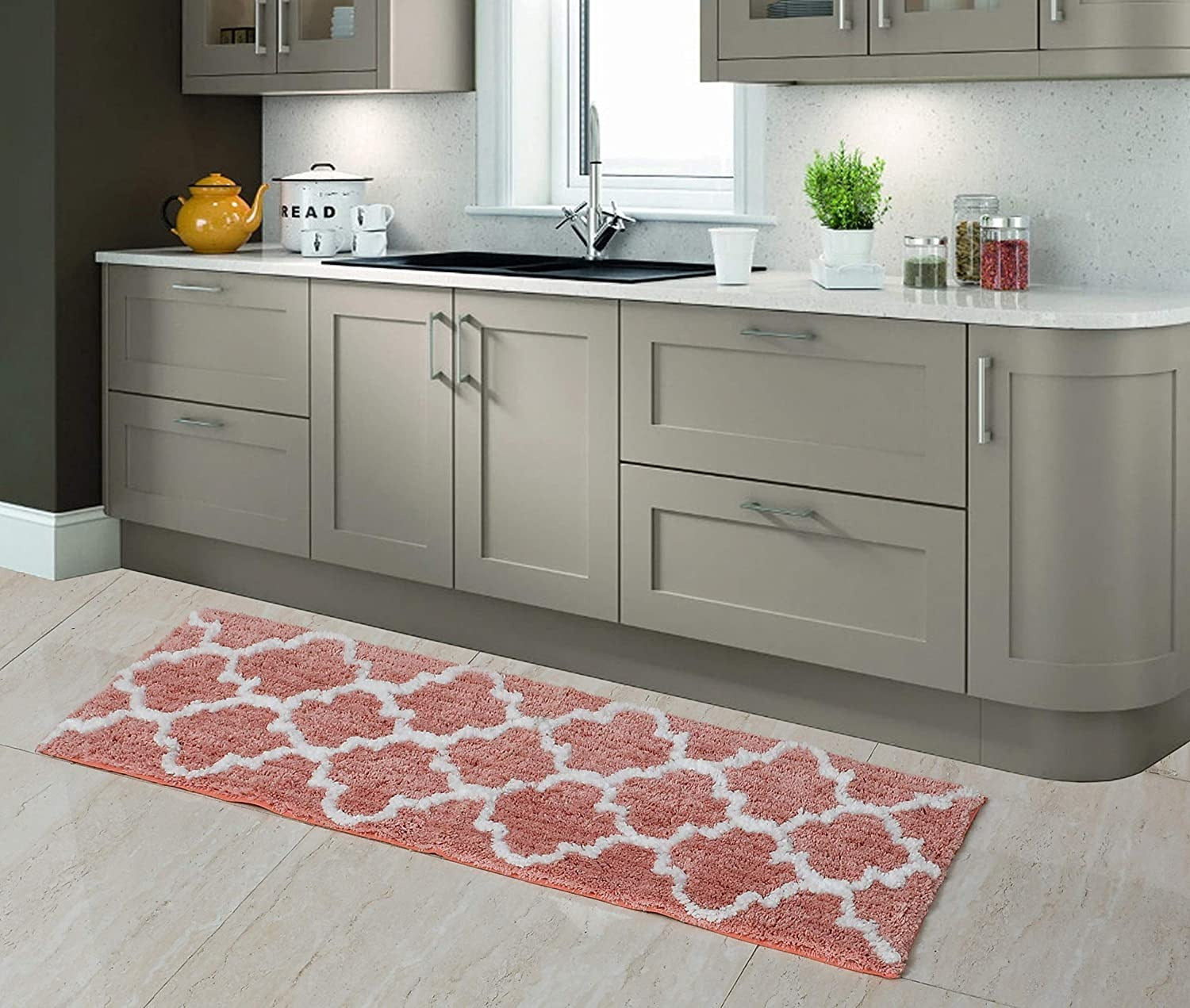 Floor Mats: Glorious Super Soft Microfiber Abstract Moroccan Designer Anti Slip Bathmat (Peach, 50 cm x 180 cm (Runner)