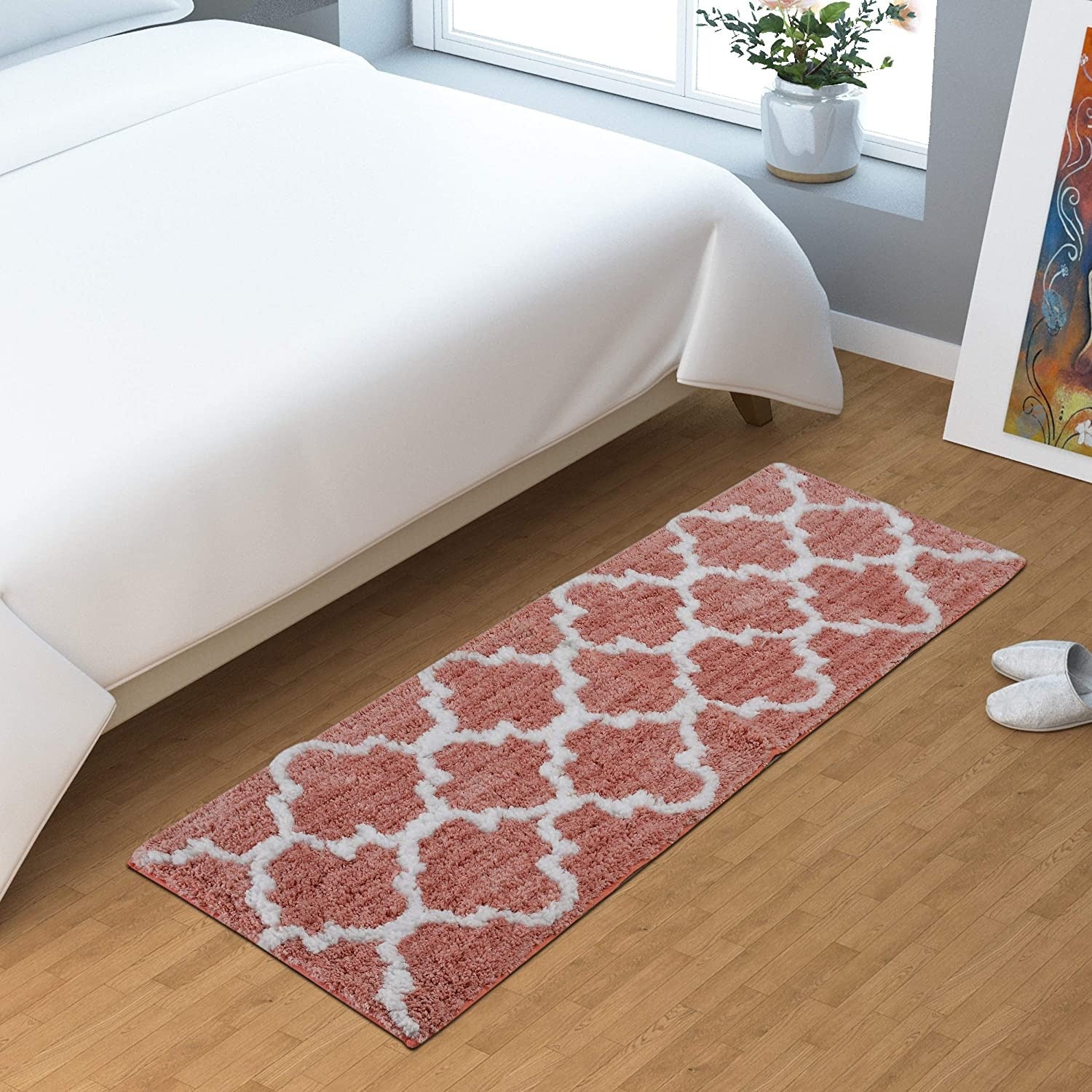 Floor Mats: Glorious Super Soft Microfiber Abstract Moroccan Designer Anti Slip Bathmat (Peach, 50 cm x 180 cm (Runner)