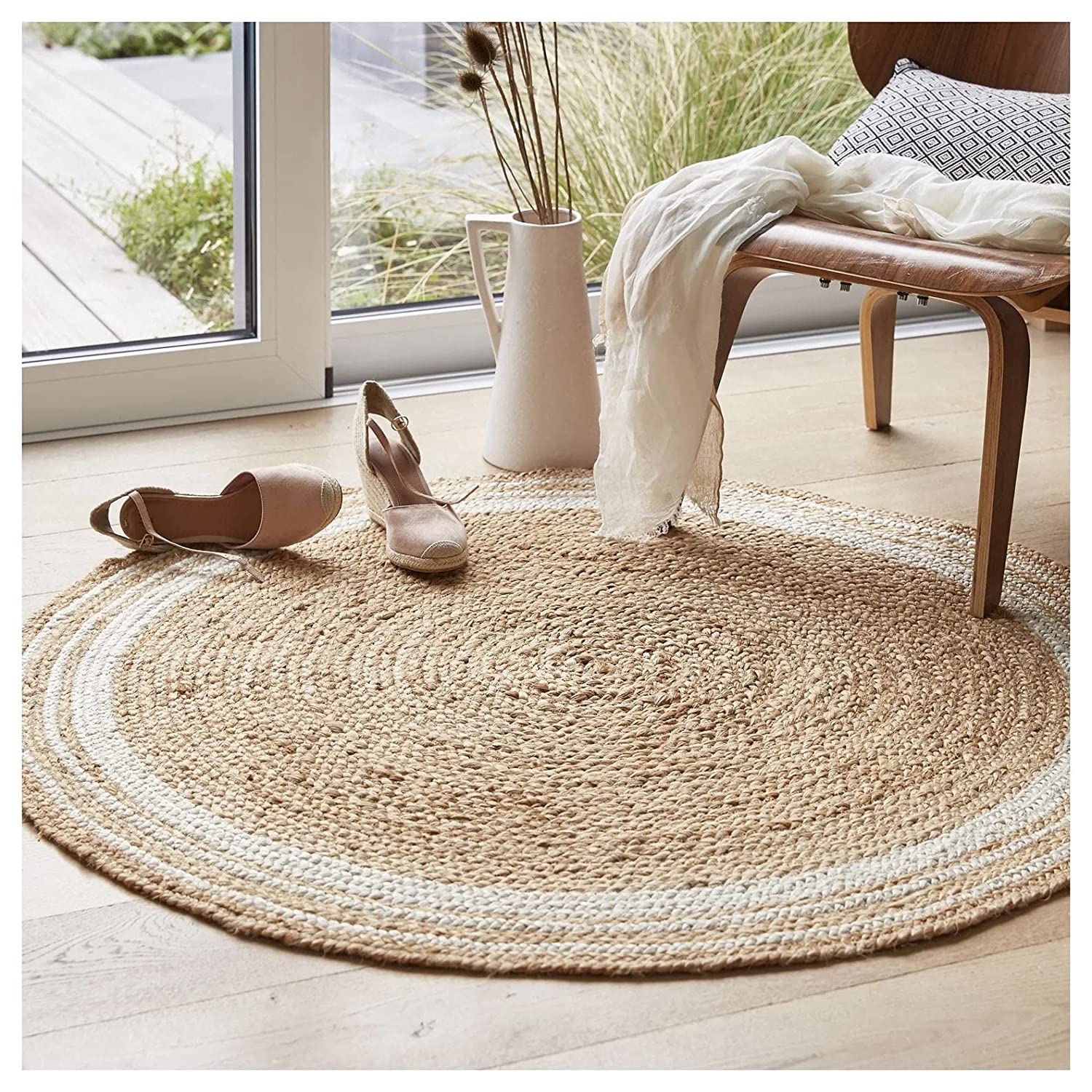 Floor Mats: Jute Round Rug (Beige, 3 Feet, 1 Piece)