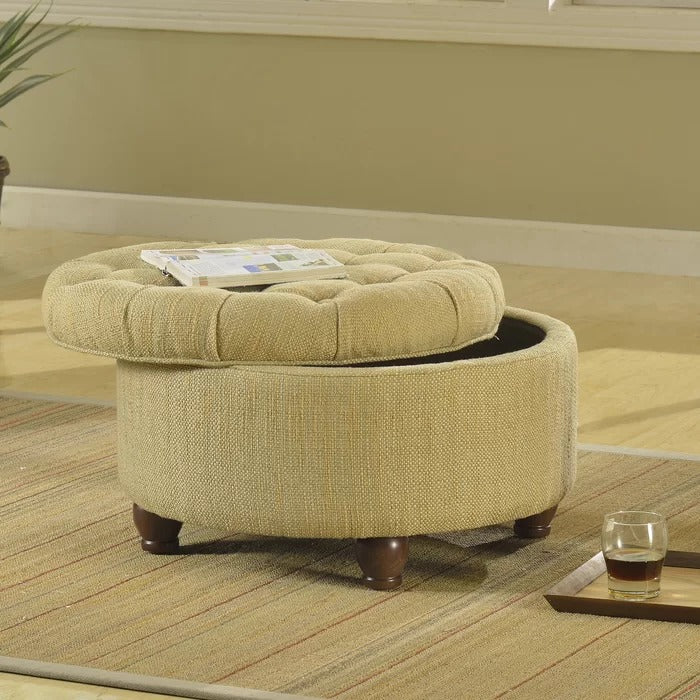 Foot Stool: 25'' Wide Tufted Round Storage Ottoman with Storage