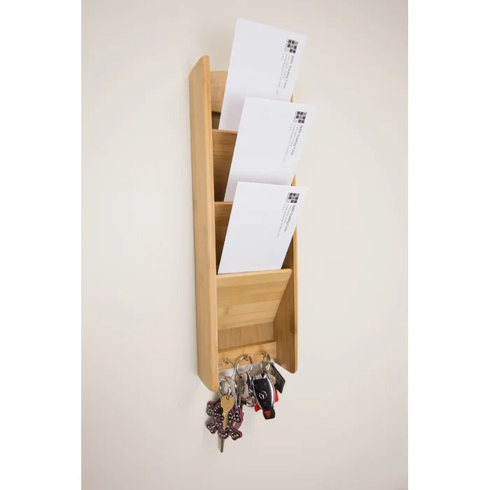 Key Holder: 3 Tier Bamboo Wall Mail Organizer with Key Hooks