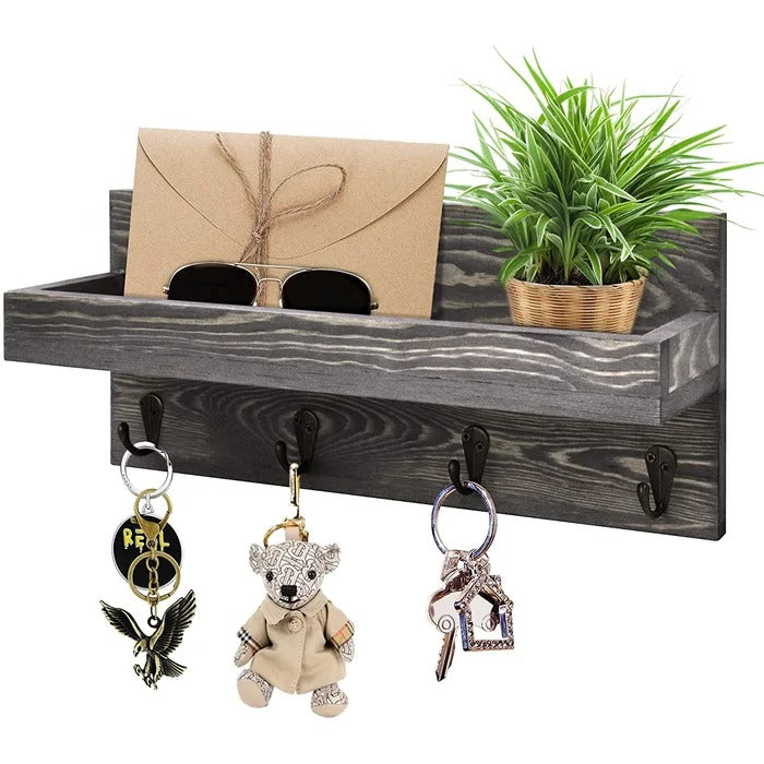 Key Holder: Decorative Wall Shelf Mail Organizer With 4 Key Hooks