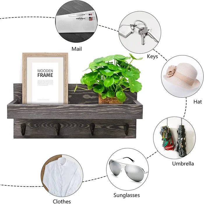 Key Holder: Decorative Wall Shelf Mail Organizer With 4 Key Hooks