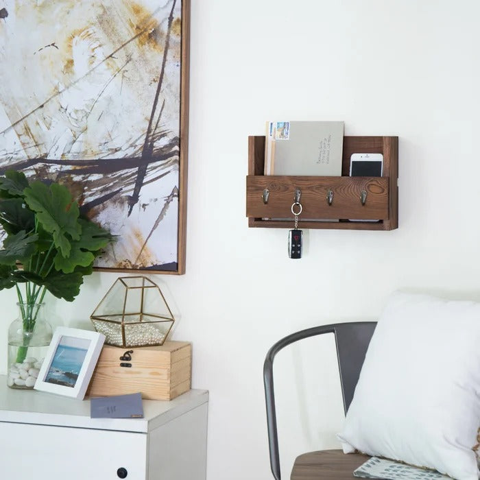 Key Holder: Wooden Wall Storage Organizer with Key Hooks and Mail Storage