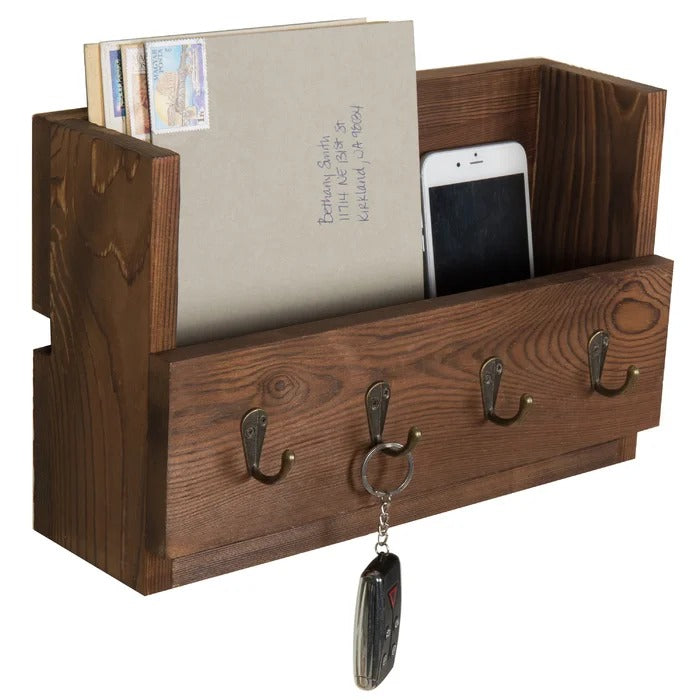 Key Holder: Wooden Wall Storage Organizer with Key Hooks and Mail Storage