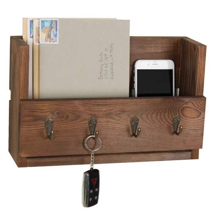 Key Holder: Wooden Wall Storage Organizer with Key Hooks and Mail Storage