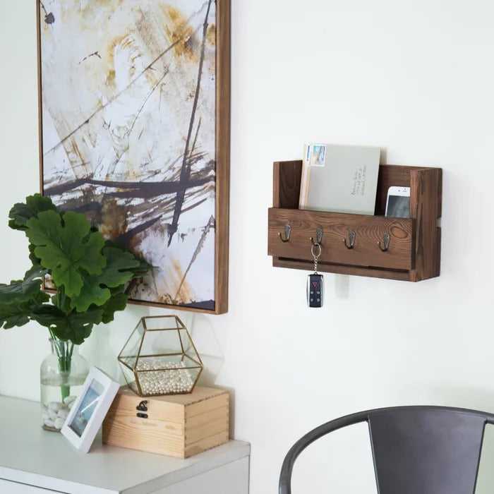 Key Holder: Wooden Wall Storage Organizer with Key Hooks and Mail Storage