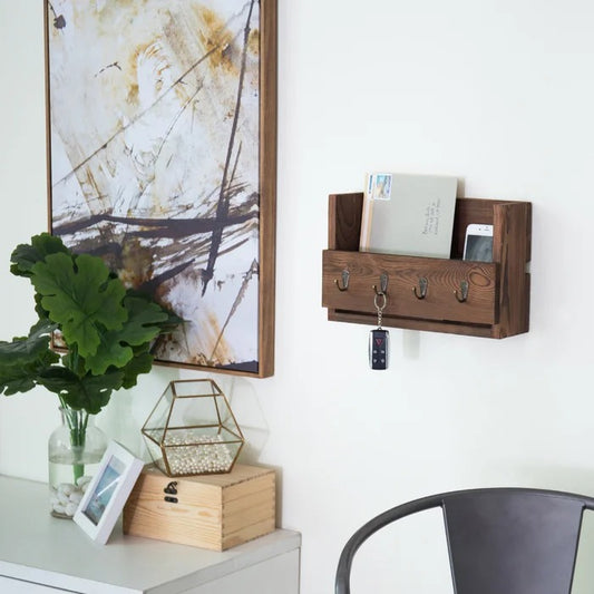 Key Holder: Wooden Wall Storage Organizer with Key Hooks and Mail Storage