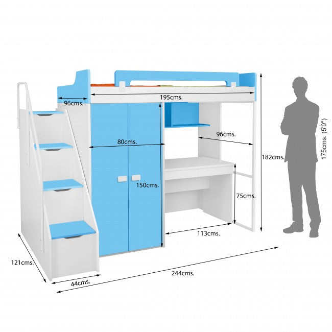 Bunk Beds:- Kids Midsleeper Bunk Bed with Wardrobe With Study Table Kids Furniture