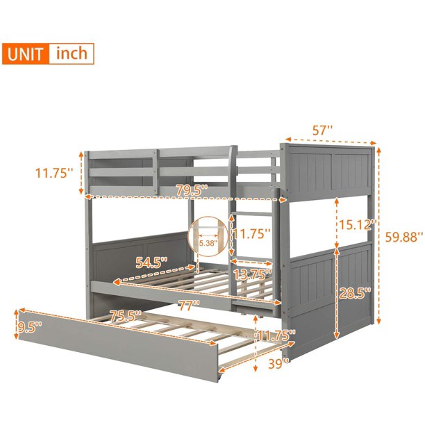 Kids Bed: Full Solid Wood Standard Bunk Bed with Trundle