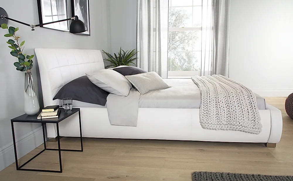 King Size Bed: Dorato White Leatherette King Size Double Bed