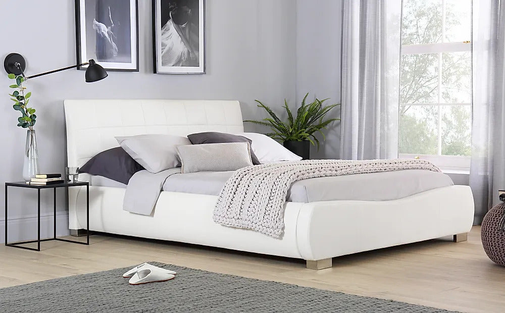 King Size Bed: Dorato White Leatherette King Size Double Bed