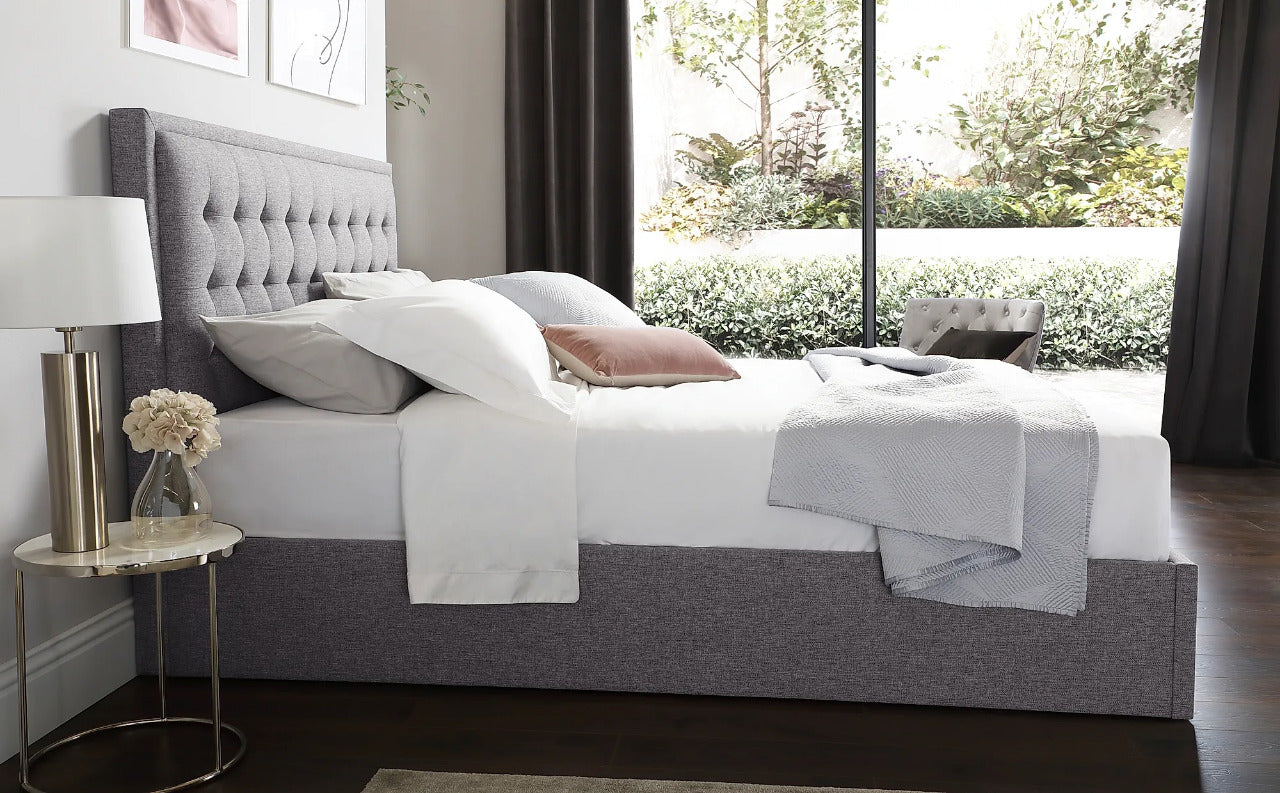 King Size Bed: Florce Grey Fabric Double Bed