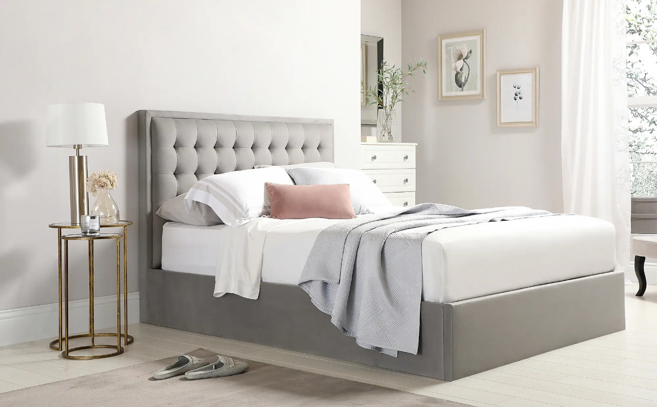 King Size Bed: Florce Grey Velvet Fabric Double Bed