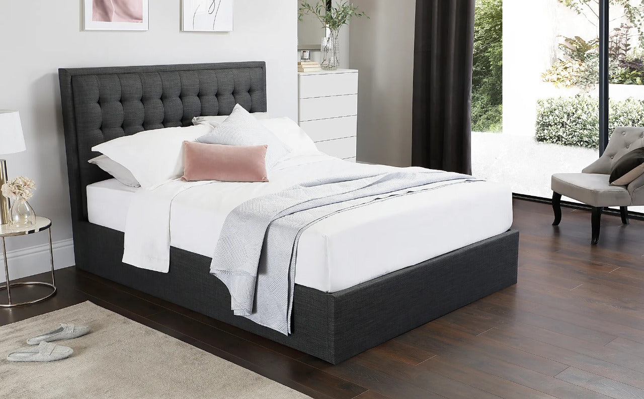 King Size Bed: Florce Slate Grey Fabric Double Bed