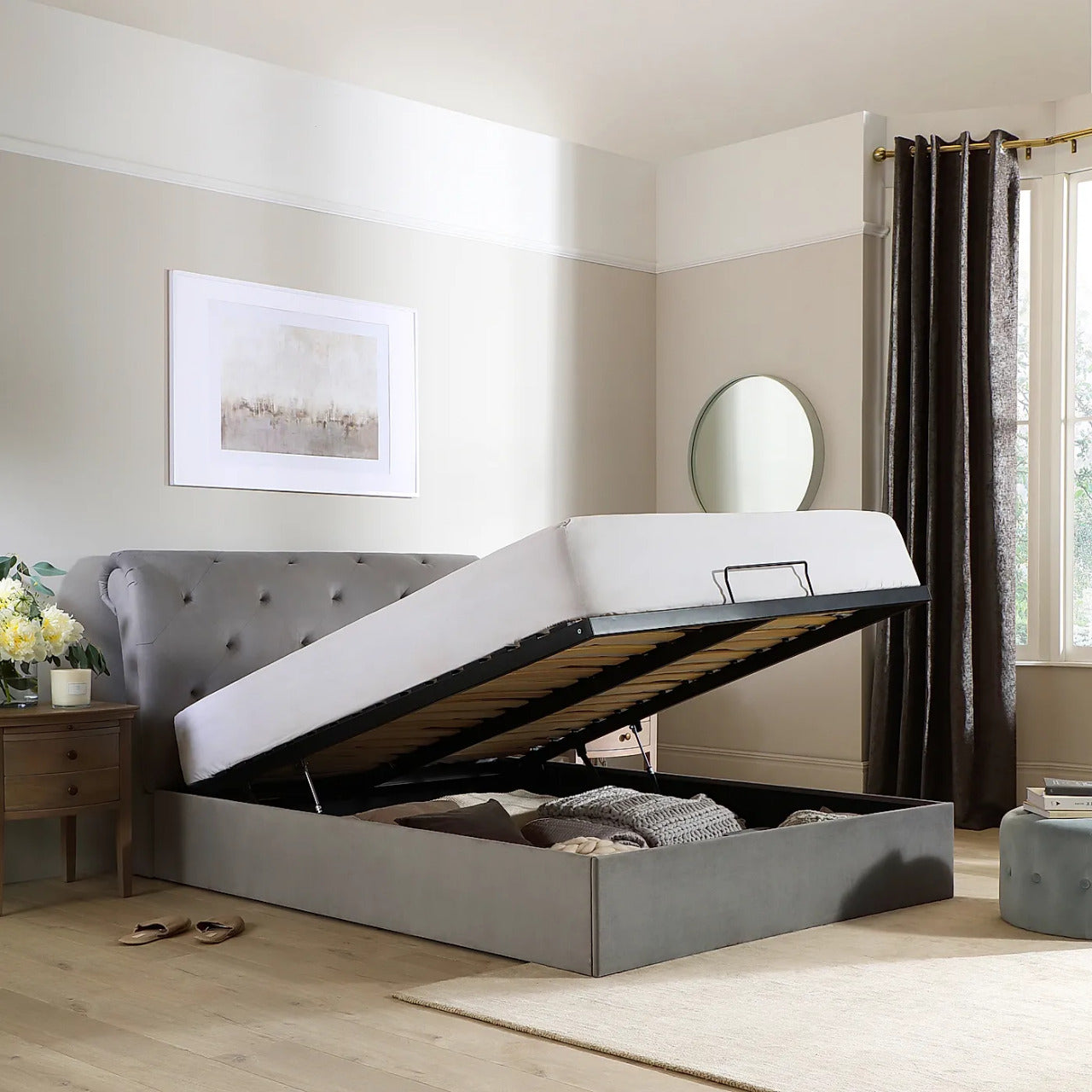 King Size Bed: Upholstered Grey King Size Double Bed
