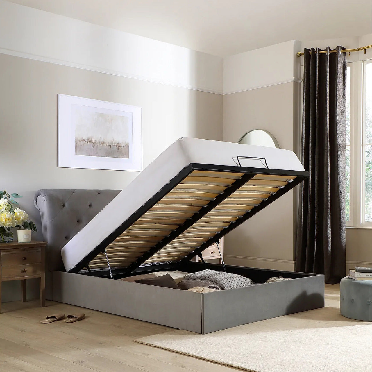 King Size Bed: Grey Velvet King Size Double Bed