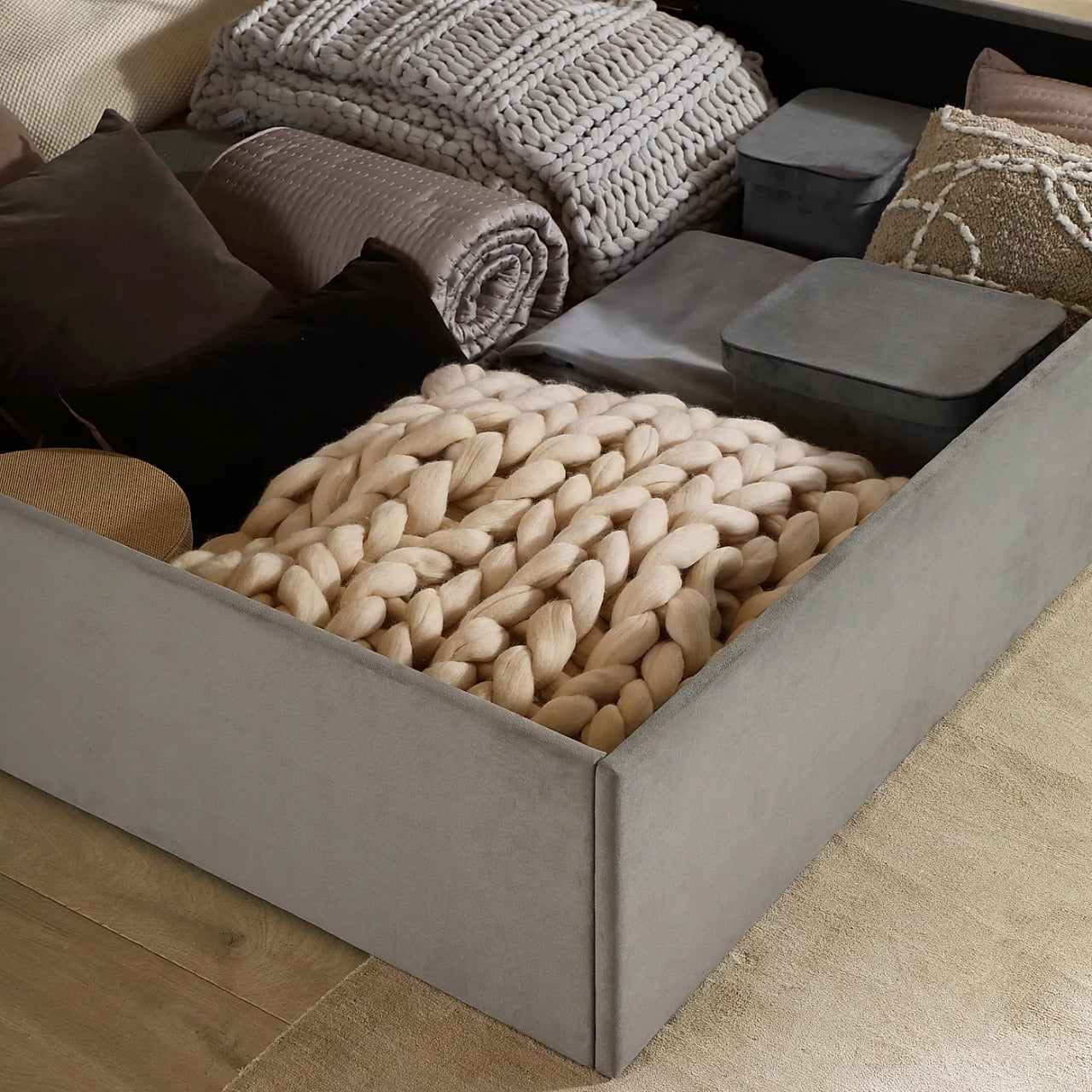 King Size Bed: Upholstered Grey King Size Double Bed