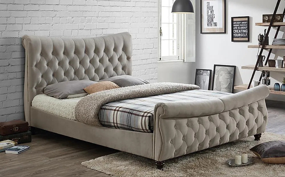 King Size Bed: Stone Fabric King Size Double Bed