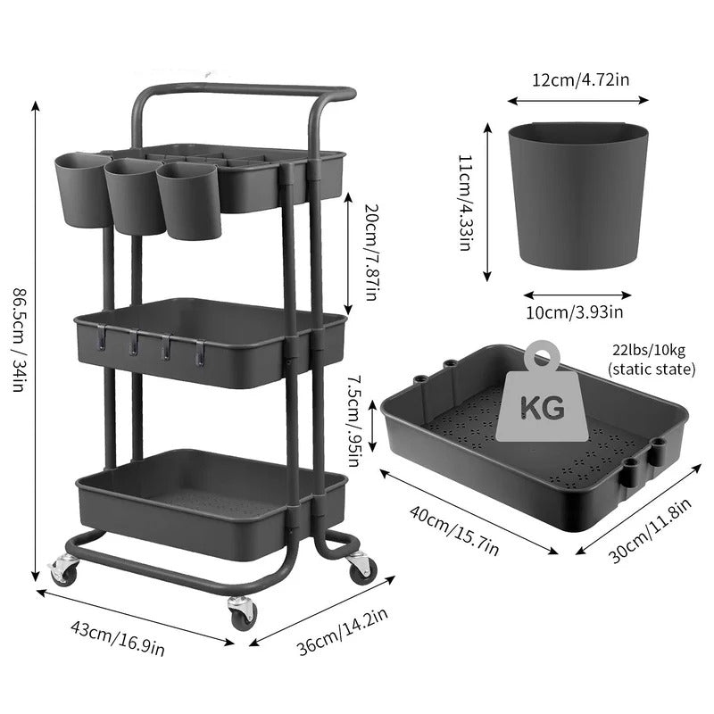 Kitchen Trolley: 16.9'' Steel Kitchen Cart with Locking Wheels