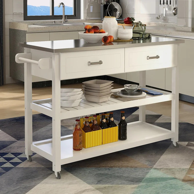 Kitchen Trolley: 47.25'' Kitchen Cart with Stainless Steel Top and Locking Wheels