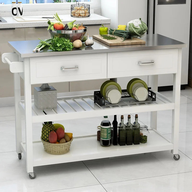 Kitchen Trolley: 47.25'' Kitchen Island with Stainless Steel Top and Locking Wheels