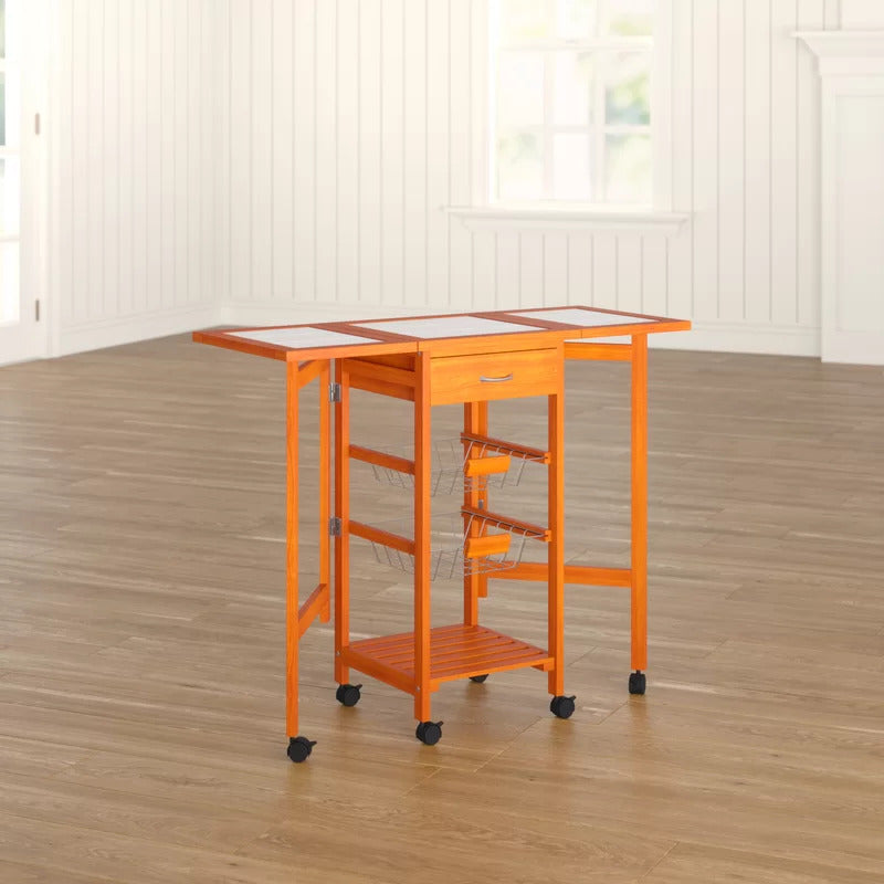 Kitchen Trolley: Solid Wood Kitchen Cart with Tile Top and Locking Wheels