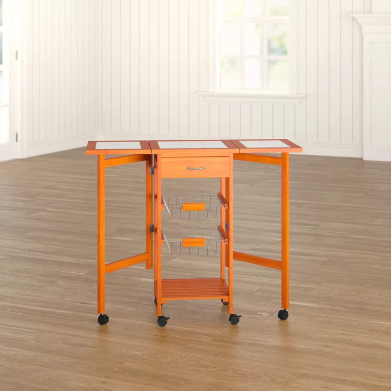 Kitchen Trolley: Solid Wood Kitchen Cart with Tile Top and Locking Wheels