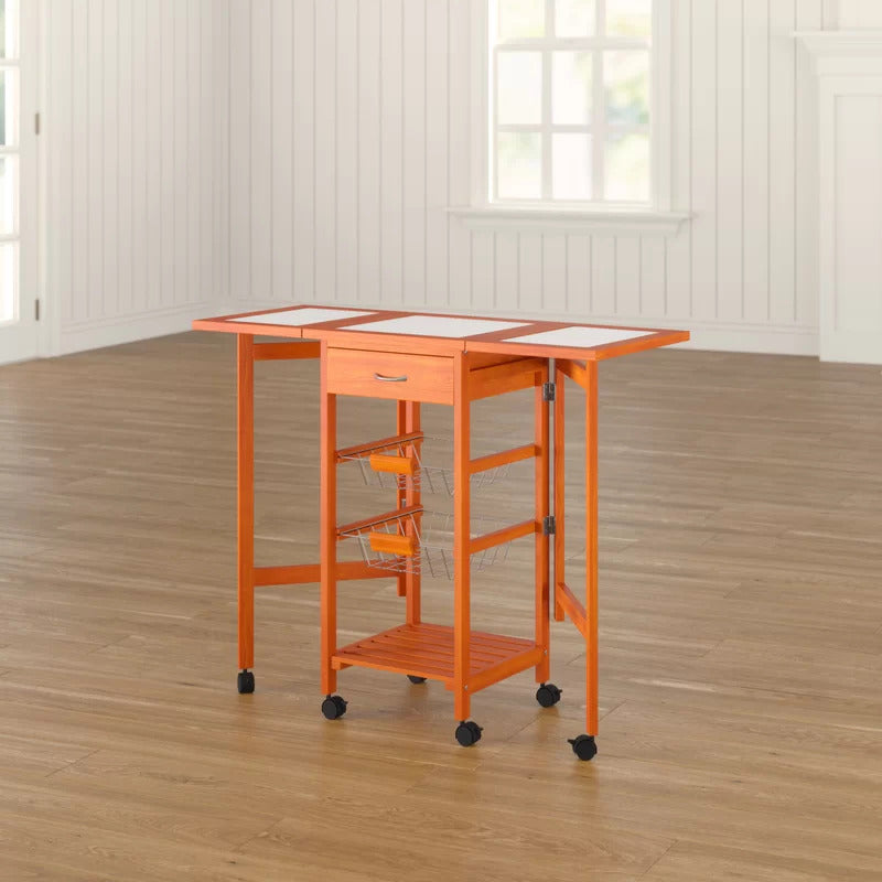 Kitchen Trolley: Solid Wood Kitchen Cart with Tile Top and Locking Wheels