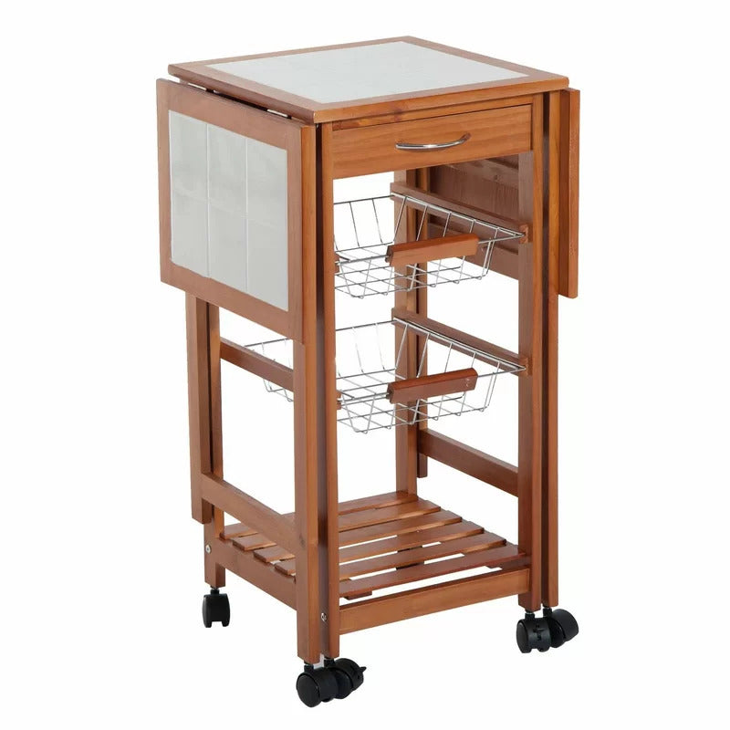 Kitchen Trolley: Solid Wood Kitchen Cart with Tile Top and Locking Wheels