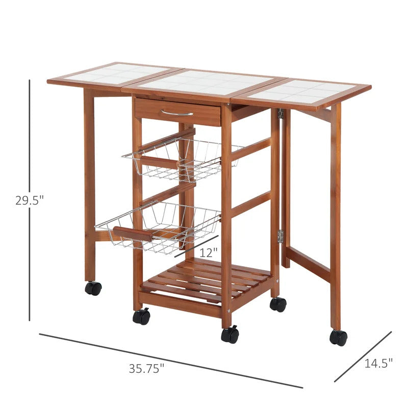 Kitchen Trolley: Solid Wood Kitchen Cart with Tile Top and Locking Wheels