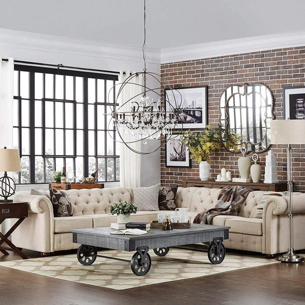 L-Shape Sofa Set:- Chesterfield Fabric Sofa Set (Light Grey)
