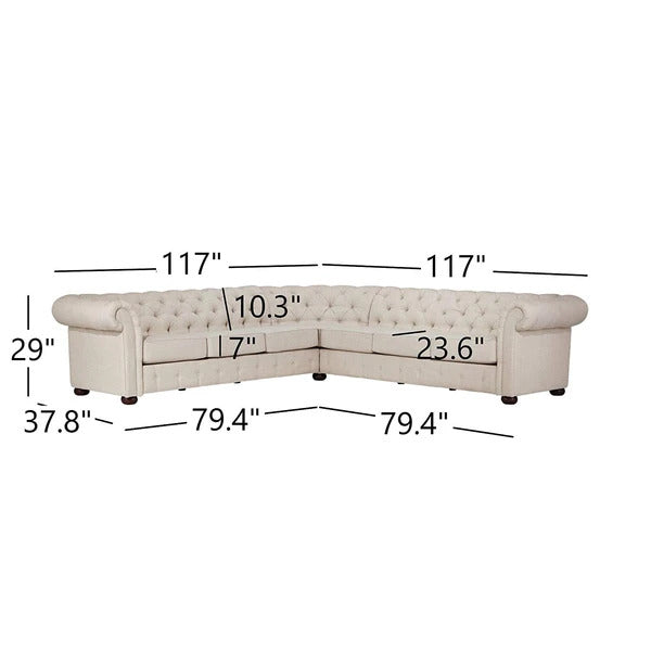 L-Shape Sofa Set:- Chesterfield Fabric Sofa Set (Light Grey)