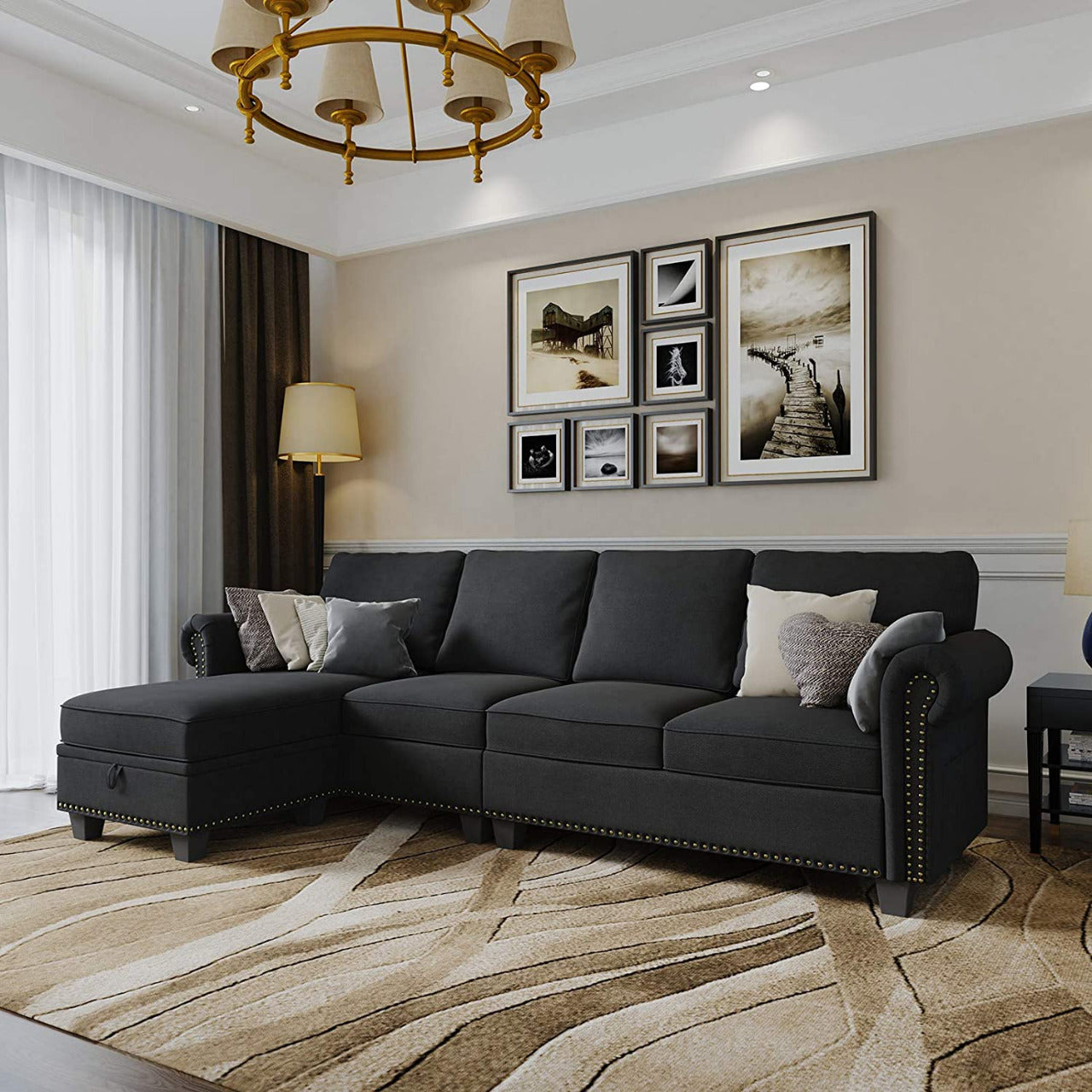 L Shape Sofa Set: Dark Grey Convertible Sofa Couch