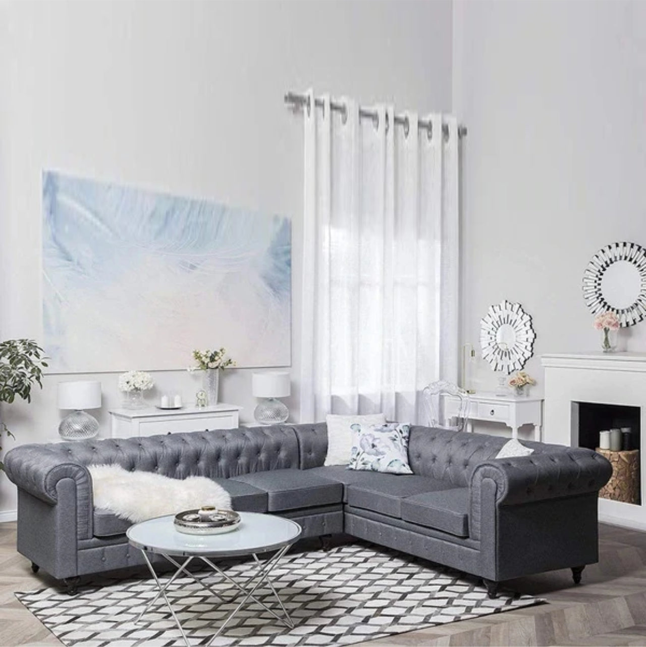 L Shape Sofa Set- Chesterfield Fabric Sofa Set (Light Grey)