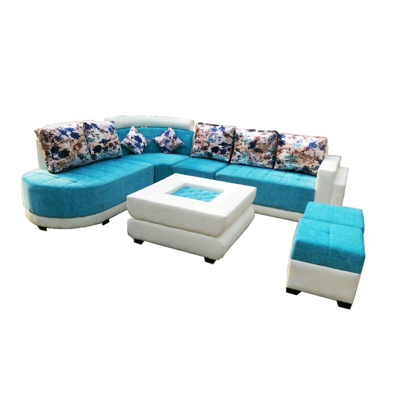 L Shape Sofa Set- Fabric Sofa Set with Center and 2 Puffy, Standard Size (Sky Blue and White)