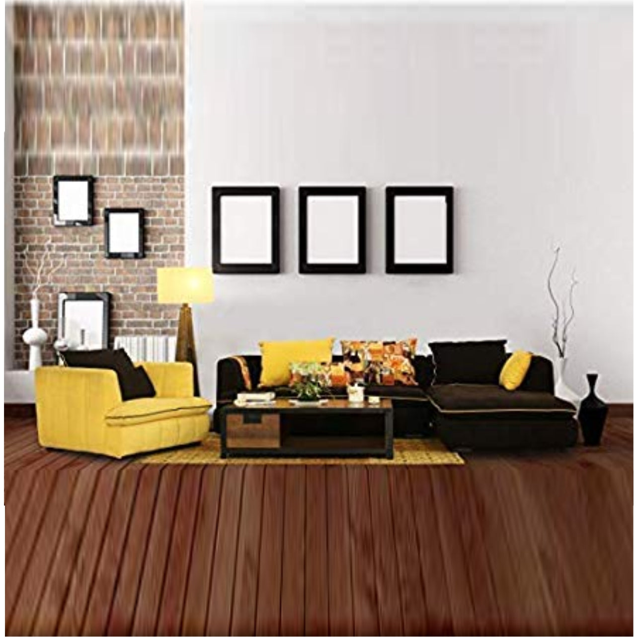 L Shape Sofa Set- Leonard Hardwood Fabric Sofa Set (Yellow & Dark Grey)