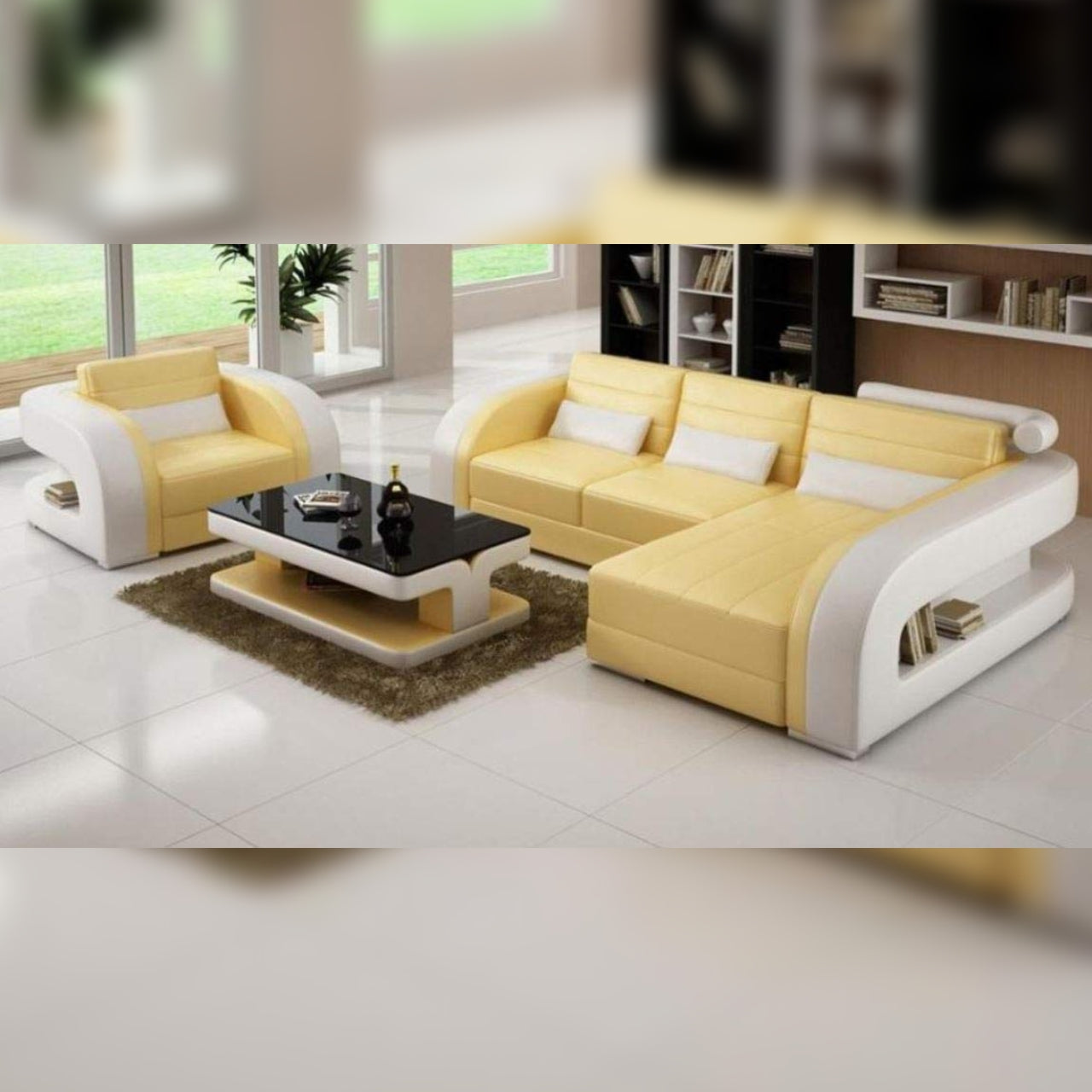 L Shape Sofa Set- Luxury Modern Leatherette Sofa Set (Yellow and White)