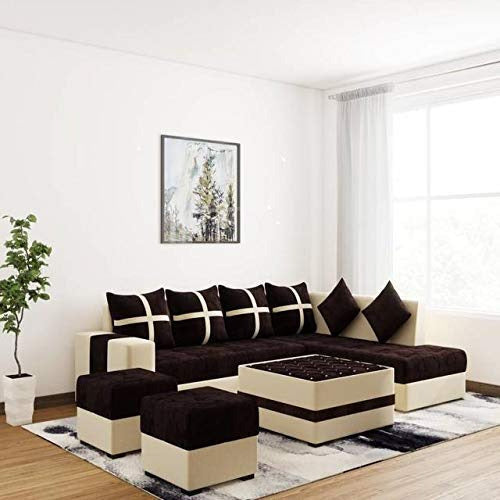 L Shape Sofa Set Angel Fabric Sofa Set 2 Puffy (Brown & Cream)