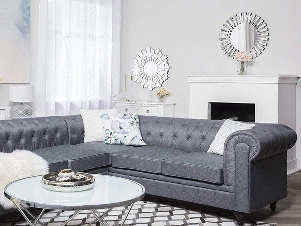 L Shape Sofa Set:- Chesterfield Fabric Sofa Set (Light Grey)
