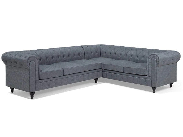 L Shape Sofa Set:- Chesterfield Fabric Sofa Set (Light Grey)