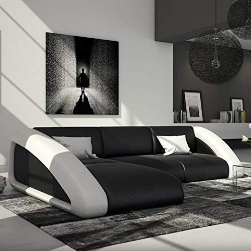 L Shape Sofa Set Delfina Lounger Leatherette Sofa Set (Black and White)
