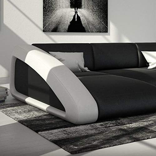 L Shape Sofa Set Delfina Lounger Leatherette Sofa Set (Black and White)